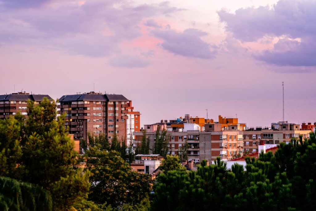 Cityscape of residential area of Madrid at sunset